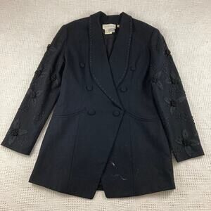 Orlando Rossi Blazer Size 12 Black Embellished Wool Jacket Textured Floral Pttn